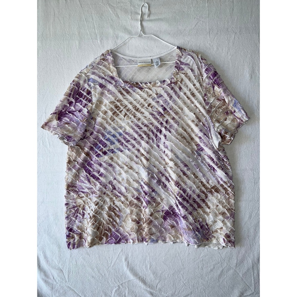 Alfred Dunner Woman 2X Purple Floral Garden Ribbon Short Sleeve Blouse Summer